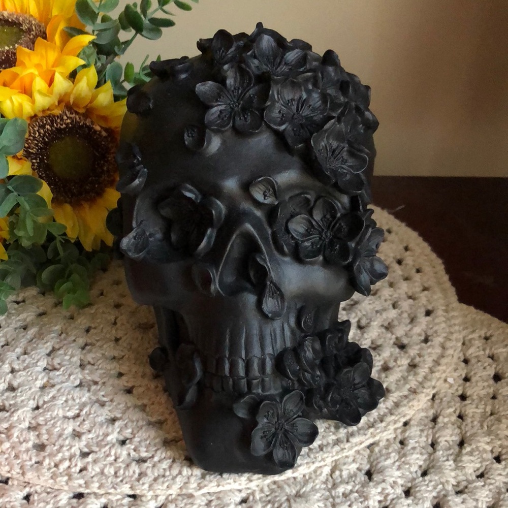 Decorative Black Floral Skull Accent - Home Accents